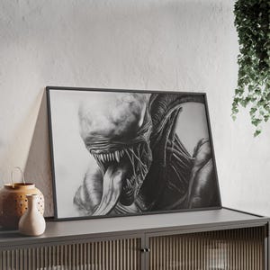 Alien Xenomorph Portrait Sketch - Tongue Sticking Out, Monochrome Framed Art