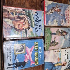 May include: A collection of vintage hardcover books with colorful covers. Titles include "Ferry Command," "Adventure Girls in the Air," and "Secret Squadron." The covers feature illustrations of pilots, airplanes, and adventurous scenes. The books are arranged on a wooden surface.
