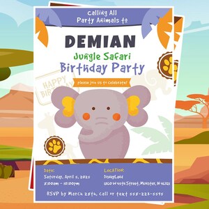 Custom Elephant Safari Birthday Invitation Editable Safari Party Invite Personalized Digital Download tiger Birthday Printable Invitation