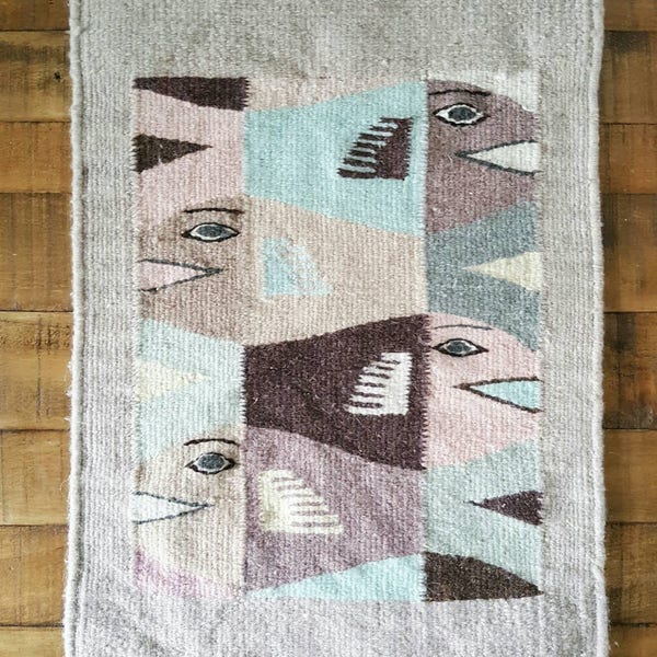 Vintage mauve handwoven wool tapestry, minimalism, mid century modern decor, folk