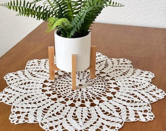 May include: A white crocheted doily with a circular, intricate floral pattern featuring openwork stitches. A small green fern plant sits in a white cylindrical pot held by a light-colored wooden stand, which is placed directly on the center of the doily.