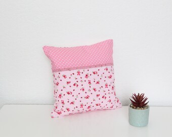 Handmade cushion cover, pink roses floral pillowcase, square pillow case, polka dot decorative pillow cover, 10x10 inch,  25x25