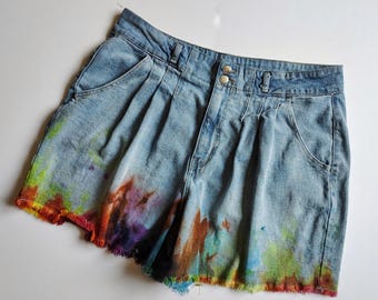 Rainbow Fringe A-Line Denim Shorts – High-Rise Pleated Cut | Hand-Dyed Festival Shorts | Skirt-Like Style
