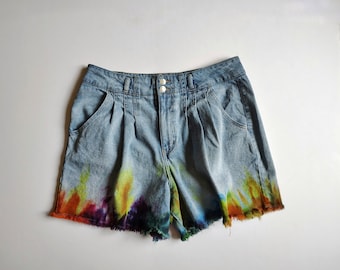 Rainbow Fringe A-Line Denim Shorts – High-Rise Pleated Cut | Hand-Dyed Festival Shorts | Skirt-Like Style
