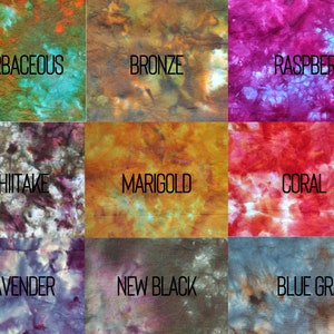 May include: A grid of nine fabric swatches with tie-dye patterns in various colors. Each swatch is labeled with a color name: Herbaceous, Bronze, Raspberry, Shiitake, Marigold, Coral, Lavender, New Black, and Blue Gray.