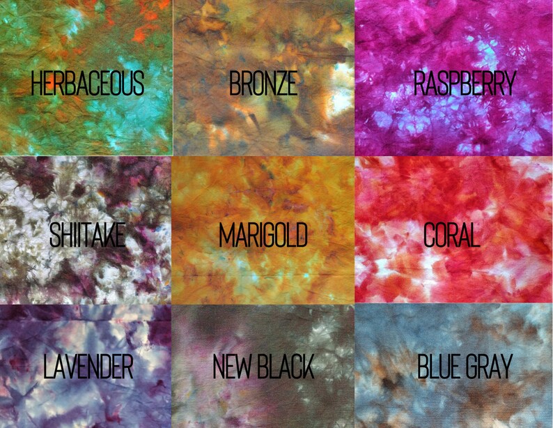 May include: A grid of nine fabric swatches with tie-dye patterns in various colors. Each swatch is labeled with a color name: Herbaceous, Bronze, Raspberry, Shiitake, Marigold, Coral, Lavender, New Black, and Blue Gray.
