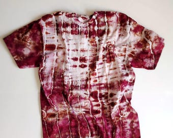 Handmade Ice-Dyed Cotton T-Shirt | Maroon Boho Top