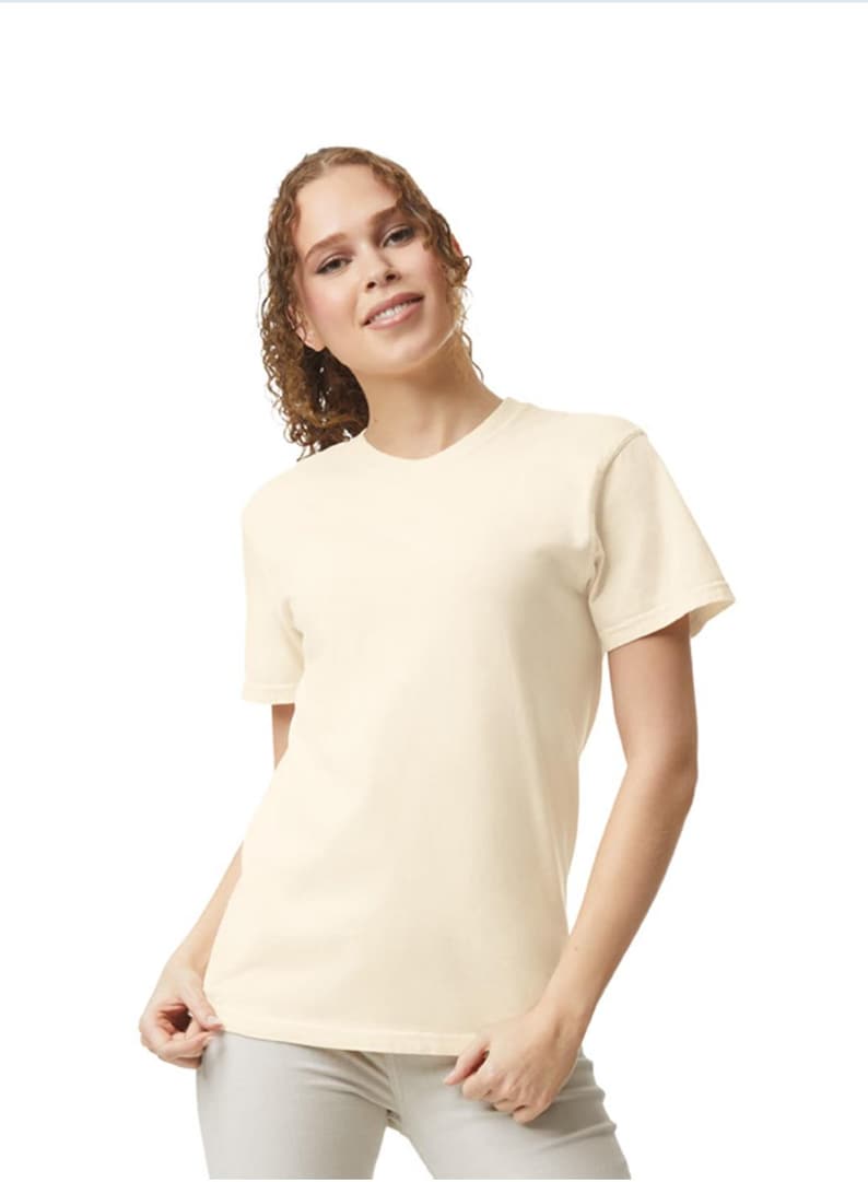 Op de afbeelding: Een cr&egrave;mekleurig T-shirt met korte mouwen. Het shirt heeft een ronde hals en een relaxte pasvorm. Het model draagt het shirt en glimlacht. De achtergrond is effen wit. Het shirt is gemaakt van een zacht, comfortabel materiaal.