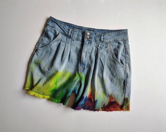 Rainbow Fringe A-Line Denim Shorts – High-Rise Pleated Cut | Hand-Dyed Festival Shorts | Skirt-Like Style