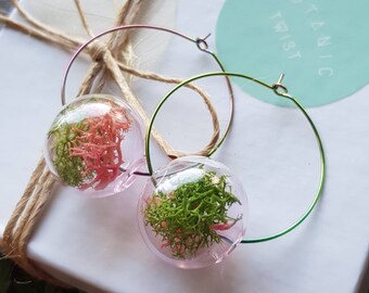 Moss Terrarium Earrings, Pink and Green Glass Bead, Rainbow Hoops