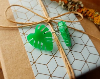 Monstera Leaf Studs, Green Acrylic Earrings, Plant Lover Gift