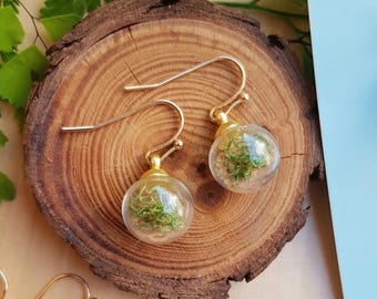 Tiny Terrarium Glass Bead Earrings with Green Moss on plated gold tone hooks