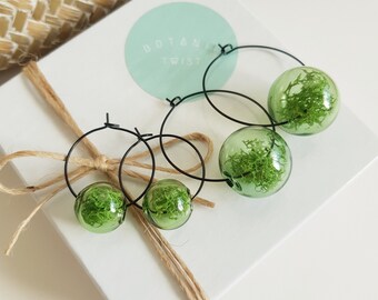 Moss Terrarium Earrings, Green Glass Bead on Black Hoops