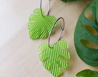 Acrylic Monstera Leaf Earrings, Green Lolly Stripe, Stainless Steel Hoops