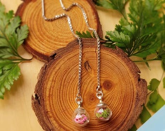 Tiny Terrarium Earrings, Green & Pink Moss, Sterling Silver Threader