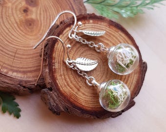 Moss Terrarium Bead Earrings, Silver Leaf Dangles