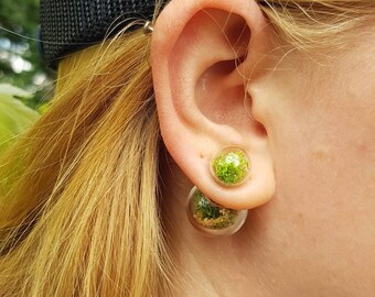 Double Sided Moss Stud Earrings, Terrarium Glass Beads