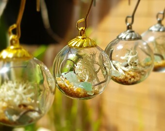 Glass Terrarium Earrings, Reindeer Moss, Beach Sand, Stainless Steel