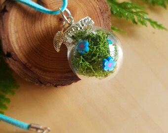 Forget Me Not Terrarium Necklace, Moss and Polymer Clay Flowers