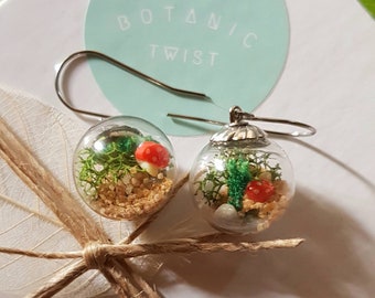 Round Glass Toadstool Terrarium Earrings on stainless steel hooks, fairy garden, unique statement earrings, birthday gift, botanical, plants