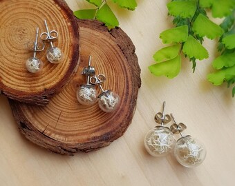 White Moss Terrarium Earrings, Surgical Steel Posts, Nature Jewelry