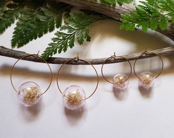 Pink Glass Terrarium Earrings, Gold Hoop, Reindeer Moss Lichen