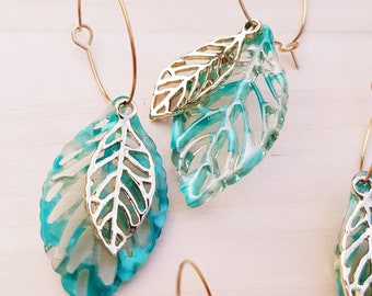 Aqua Marbled Acrylic Leaf Dangle Hoop Earrings, Gold Tone