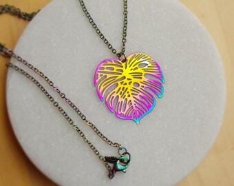 Rainbow Anodized Monstera Leaf Necklace, Plant Lover Gift