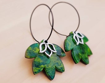 Green Marbled Leaf Hoop Earrings, Black Tone, Botanical Dangle