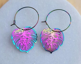 Rainbow Anodized Monstera Leaf Hoop Earrings, Botanical Jewelry