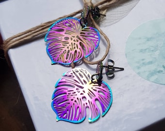 Rainbow Anodized Stainless Steel Monstera Leaf Stud Earrings