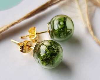 Terrarium Stud Earrings: Moss Green, Gold Tone, Nature Jewelry
