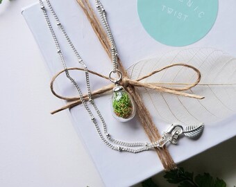 Terrarium Tiny Teardrop Necklace/ planty botanical gardener gift, plant and nature lover, silver plated tarnish resistant chain