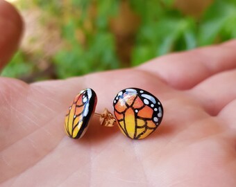 Hand-Painted Butterfly Wing Pebble Stud Earrings, Gold Tone