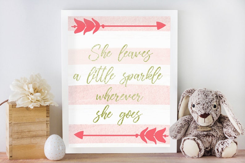 She leaves a little sparkle gold glitter pink arrow girls room nursery printPrintable artBaby shower gift