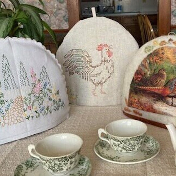 Tea Cozy Covers Hand Embroidered Felted Wool Liner or Wool Batting Insulation.