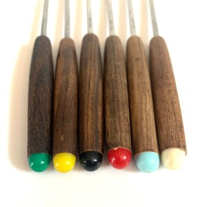 Midcentury teak wood and stainless steel fondue forks with colored tips - Japan