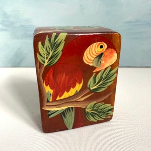 Hand made, Hand Painted, Wooden Trinket Box with a Parrot & Green Leaves, Folk Art, Tropical