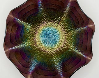 Stunning Imperial Carnival Glass Cobblestone Ruffled  Bowl In Purple Iridescent