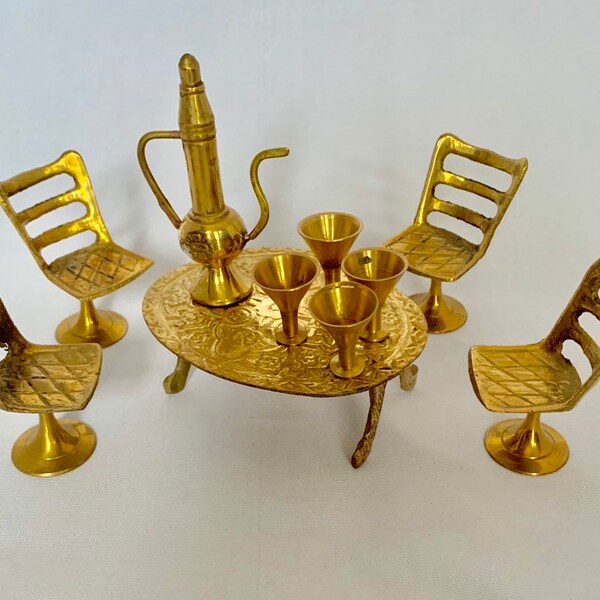 Vintage brass Dollhouse or Fairy Garden Furniture Table, 4 Chairs, coffee/tea pot & 4 Goblets - 10 Pieces 1970's