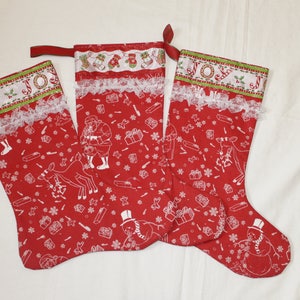 Christmas stockings, red white stockings lace trim.