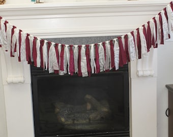Rag garland, Christmas fabric garland, burgundy/white garland, country garland, mantle decor.