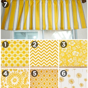 May include: A yellow and white striped valance with a row of white polka dots.  The valance is shown with seven different fabric samples in yellow and white patterns.  The fabric samples are numbered 1 through 7.