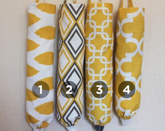 Plastic bag holders, grocery bag holders, bag dispensers yellow, white.