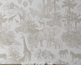Vintage Safari Tiere selbstklebende entfernbare Tapete, Schälen und Aufkleben Stofftapete für Kinderzimmer Vinylfrei, ungiftig #693
