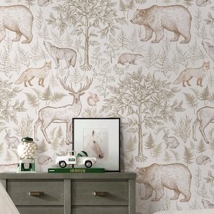 Forest Animals Repositionable Removable Wallpaper, Peel & Stick Fabric Wallpaper, Self-Adhesive Wallpaper for Kid&#39;s Room, Vinyl Free, #658