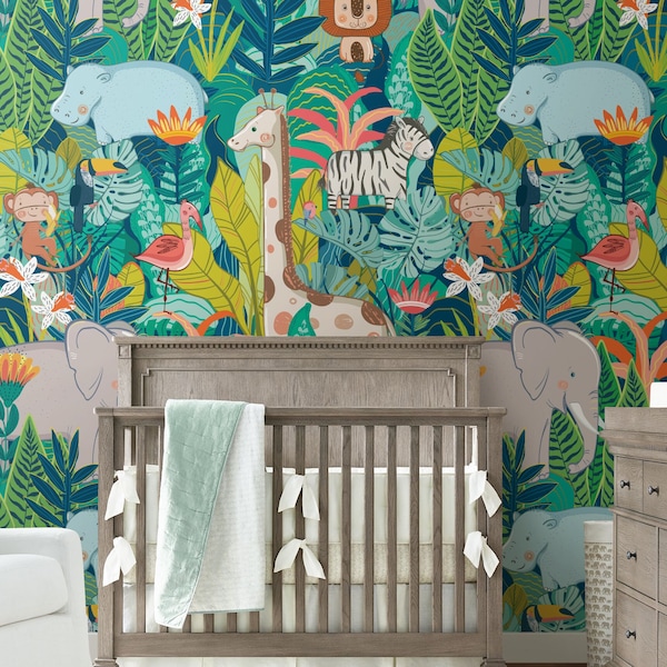 Jungle Animals Peel & Stick Fabric Wallpaper for Nursery or Boy's Room, Self Adhesive Repositionable Removable Wallpaper, PVC Free #418
