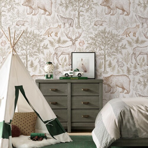 Papel tapiz removible de animales del bosque, autoadhesivo de tela, sin vinilo, para habitación infantil, n.° 658
