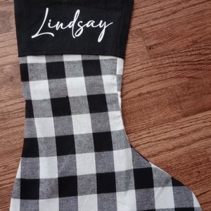 Buffalo Plaid Personalized Christmas Stockings, Custom Modern Black & White Stocking, Christmas Farmhouse Stockings, Christmas Stocking