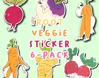 Root Veggie Sticker Pack- Carrot, Beet, Radish, Ginger, Rutabaga- Waterproof/UV Resistant Vinyl